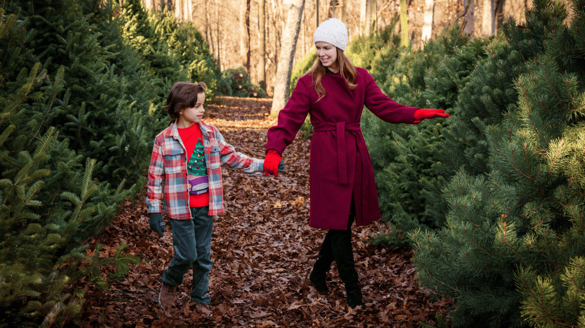 Mother and young son choosing a Christmas tree from the lot at Hensler Nursery Mother and young son choosing a Christmas tree from the lot at Hensler Nursery